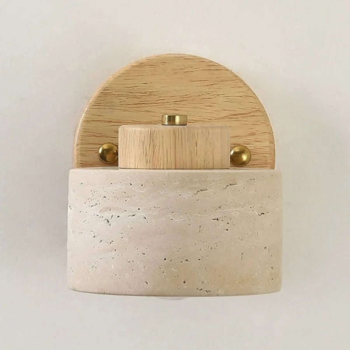Cairn travertine swivel wall sconce with light wood plate and brass details