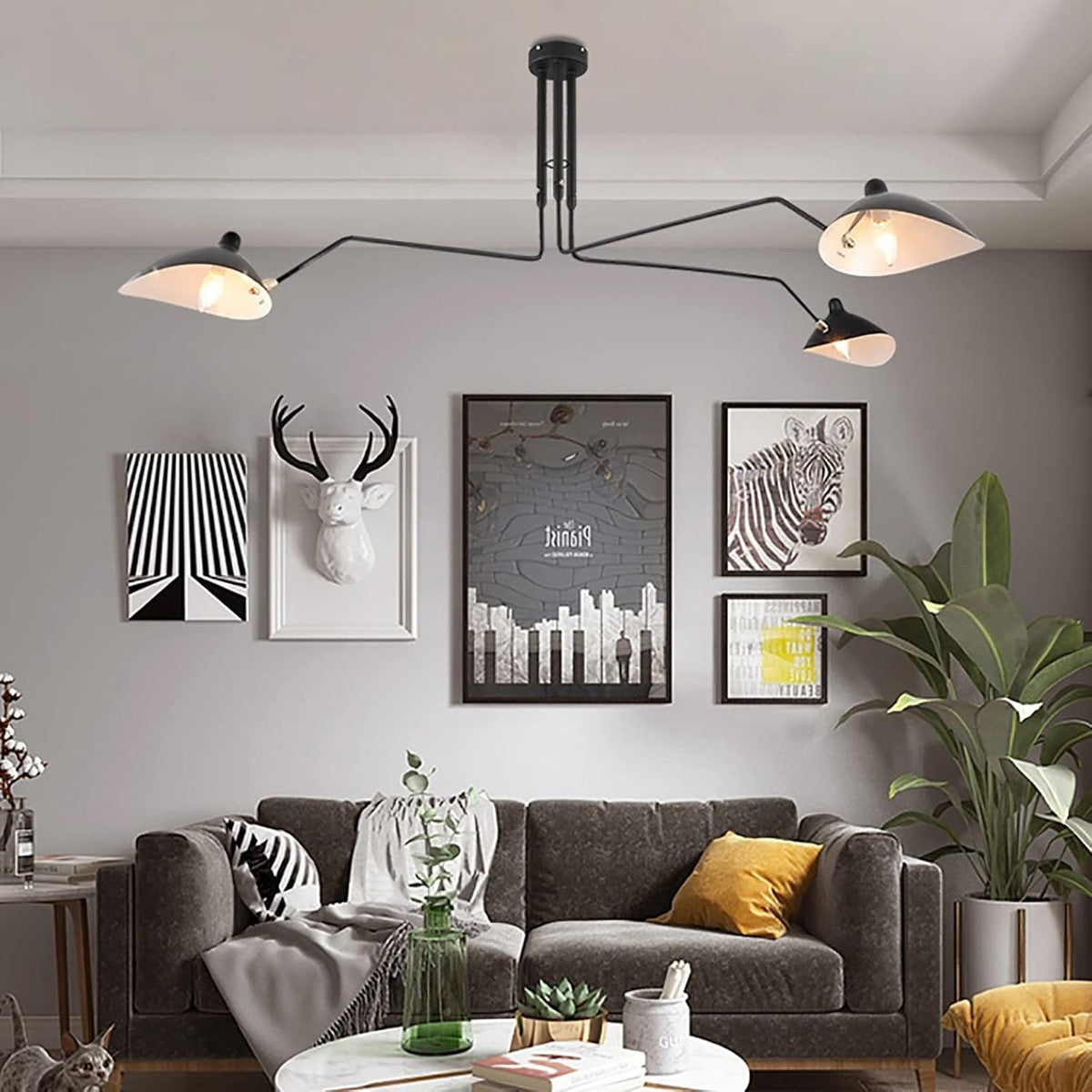 Corella 3-light black spider ceiling light in a living room