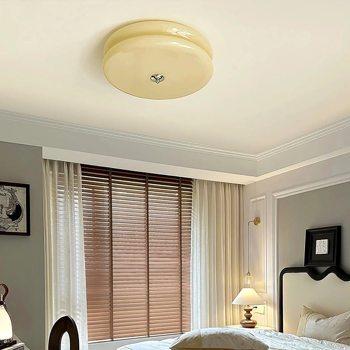 Margot Art Deco flush mount ceiling light in beige ribbed glass in a bedroom