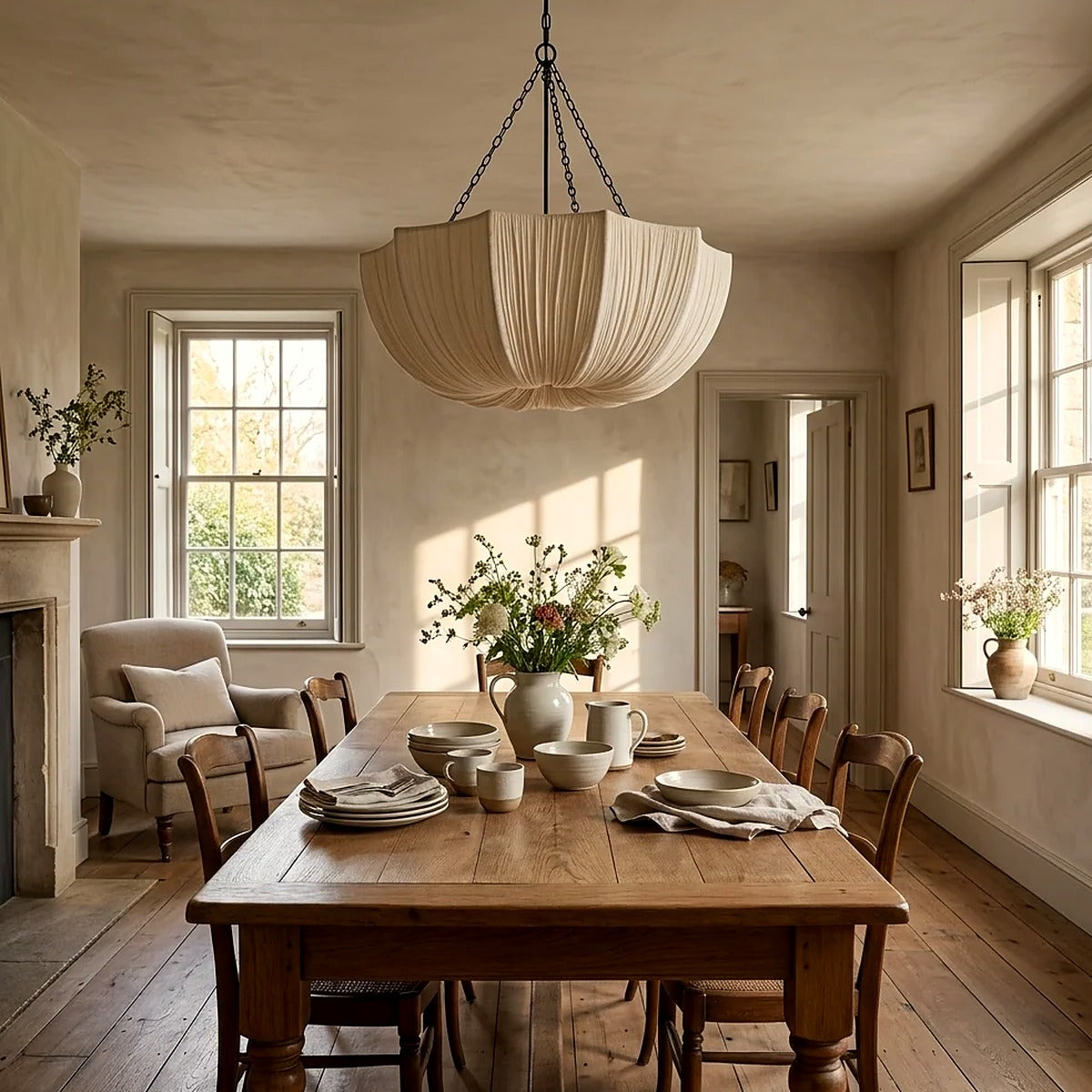 Maris pleated fabric chandelier over a farmhouse dining table