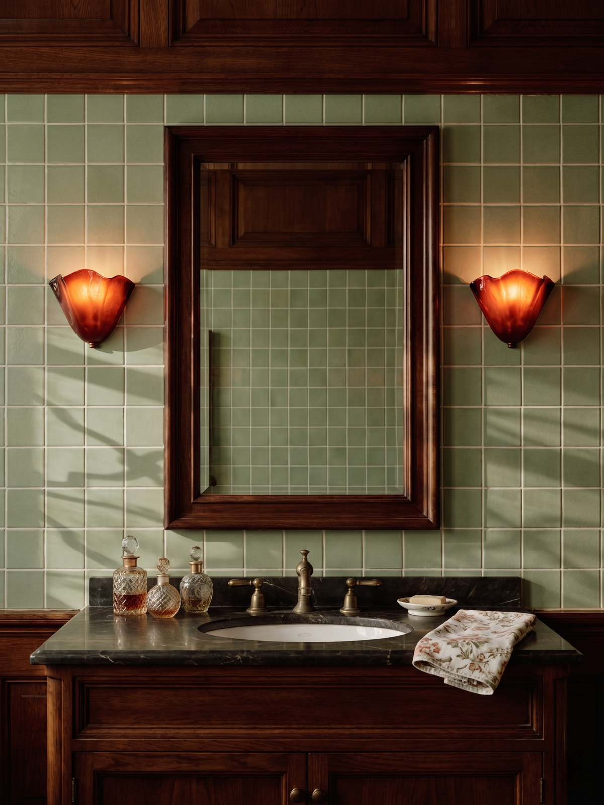 Pair of amber brown Calla wall lights on each side of a bathroom mirror