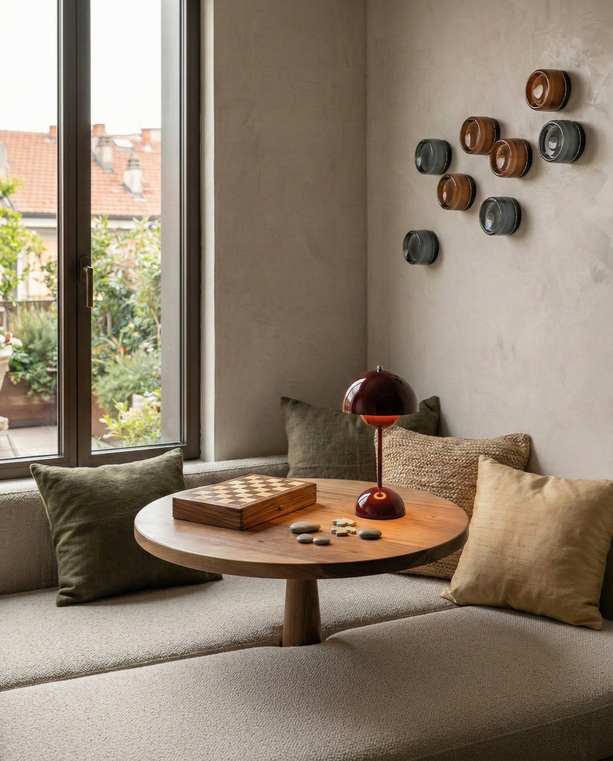Cluster of Orla round wall lights in amber and smoke grey above a reading nook