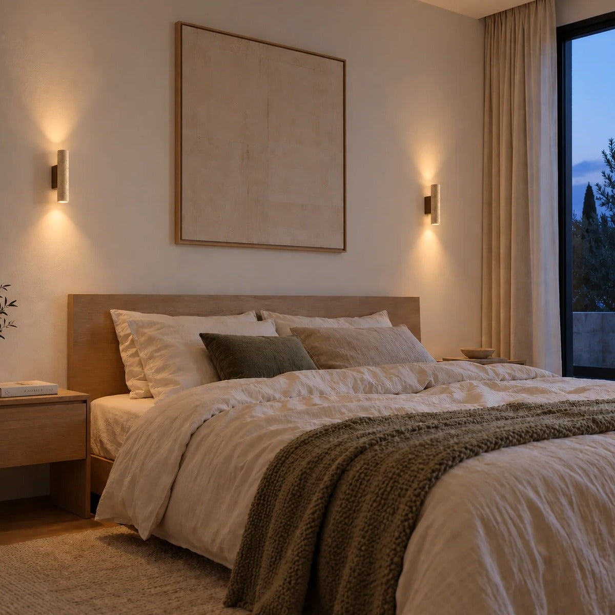 Pair of Tarra travertine wall sconces lit above nightstands in the evening