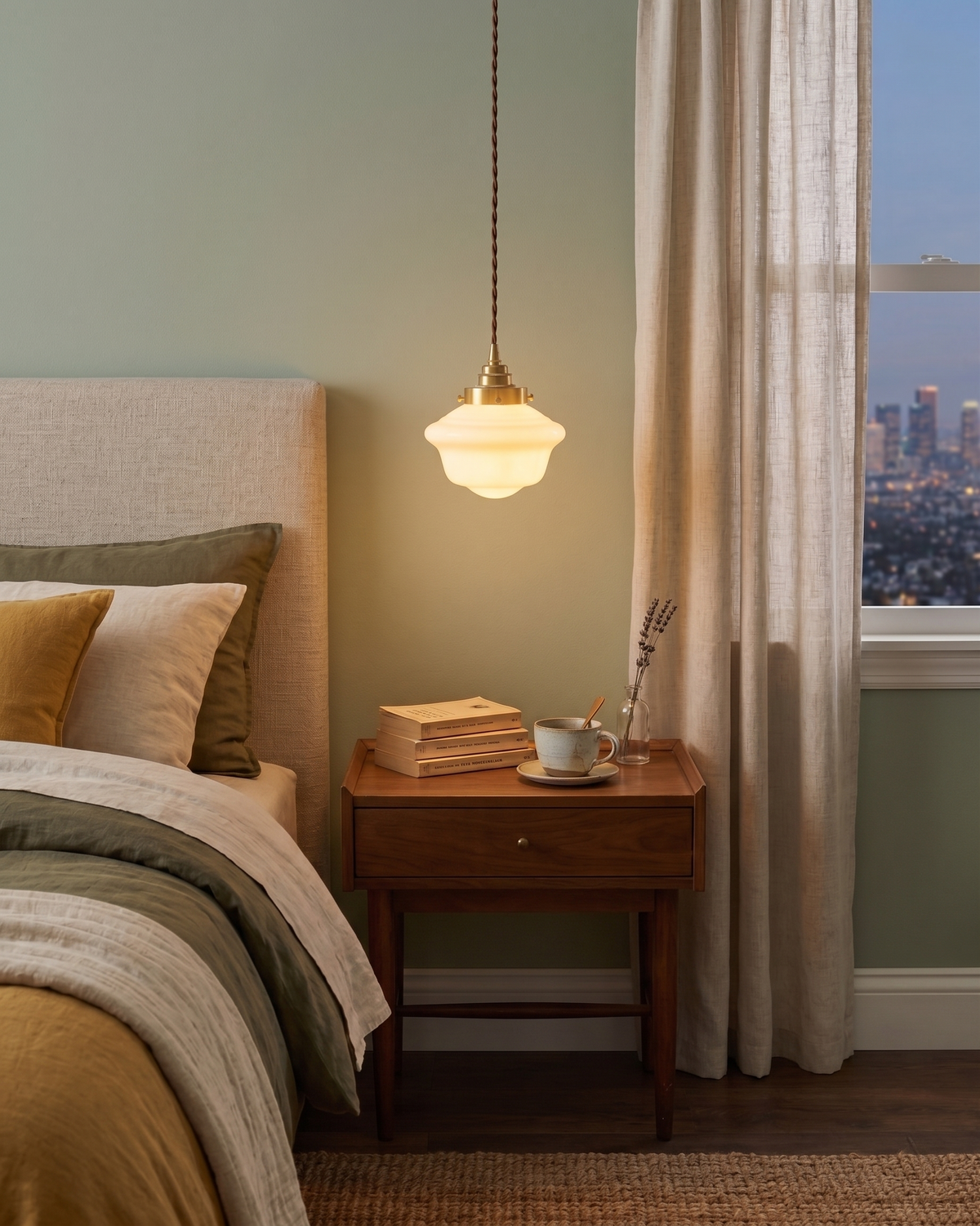 Elsie schoolhouse pendant light glowing beside a bed