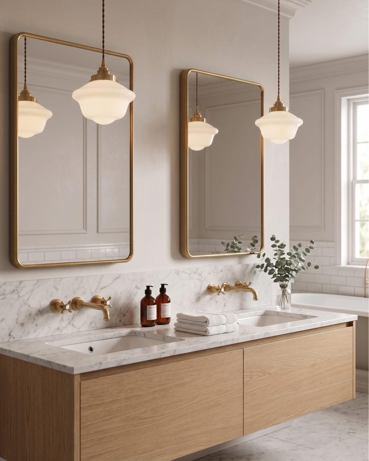 Elsie milk glass pendant lights above a double bathroom vanity