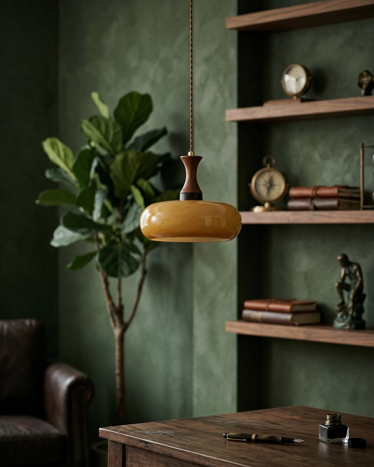 Ovia amber glass pendant in front of green wall shelves