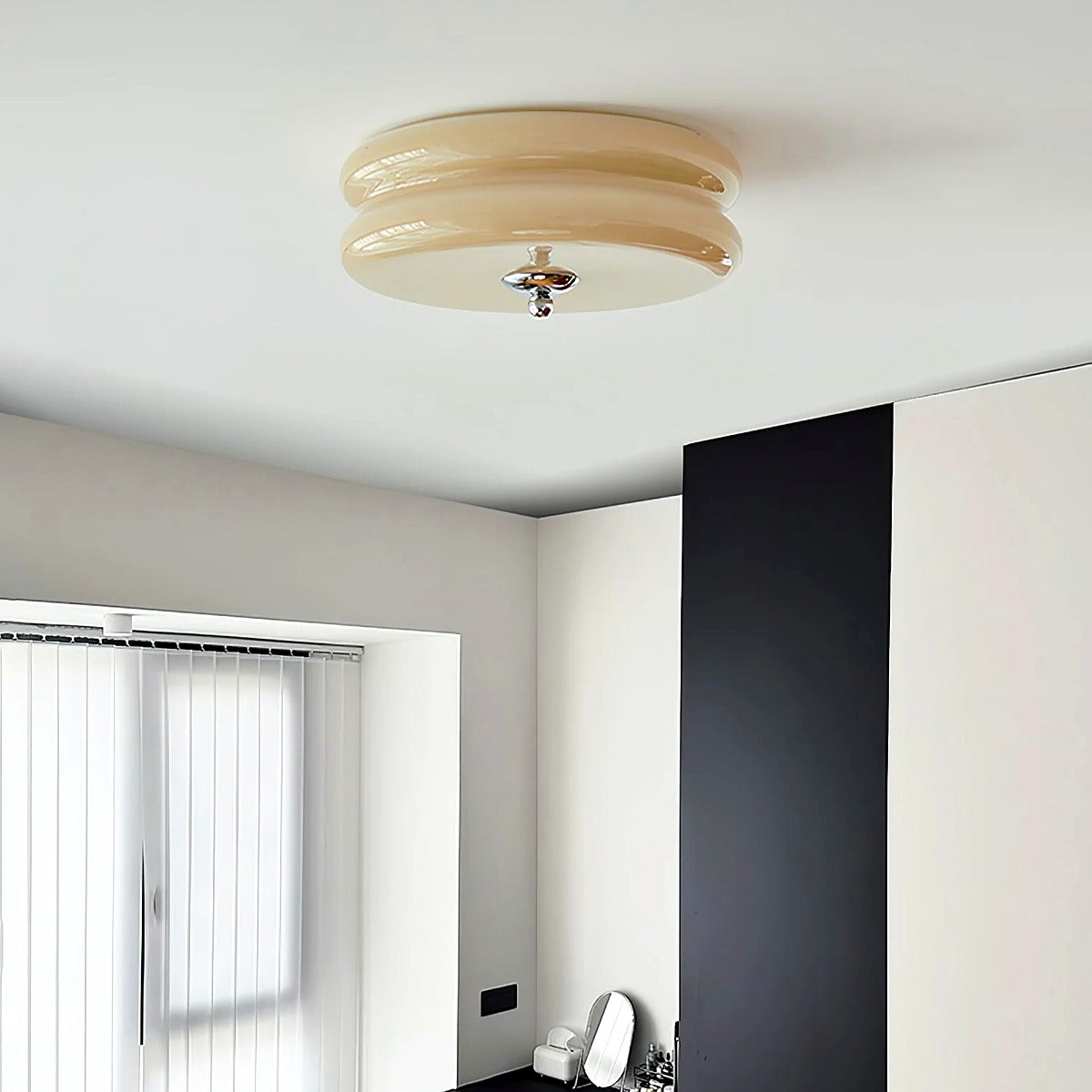 Margot beige ribbed glass flush mount in a modern room