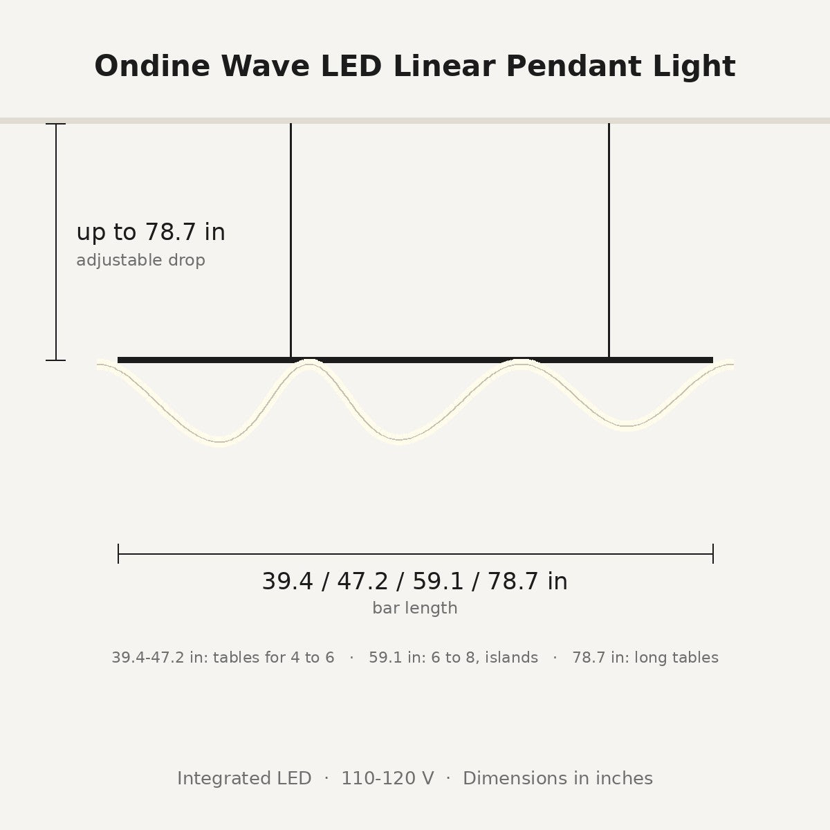 Ondine pendant light dimensions in inches: 39.4, 47.2, 59.1 or 78.7 in long, drop adjustable up to 78.7 in