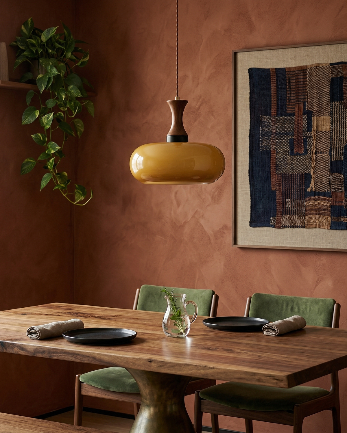 Ovia amber saucer pendant over a wooden dining table