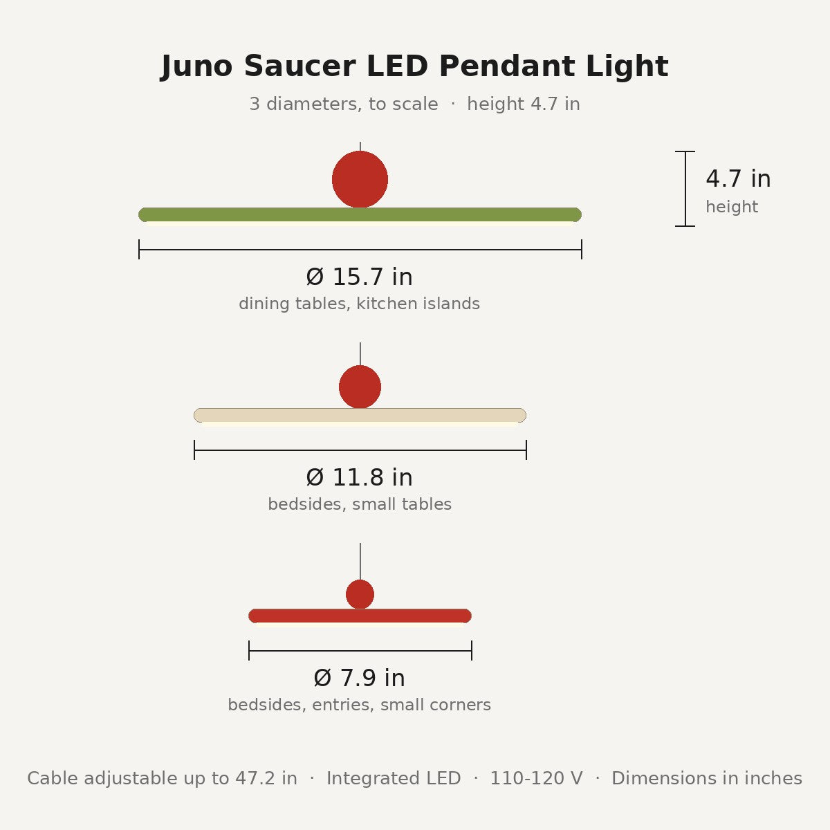 Juno pendant light dimensions in inches: 7.9, 11.8 or 15.7 in diameter, 4.7 in high