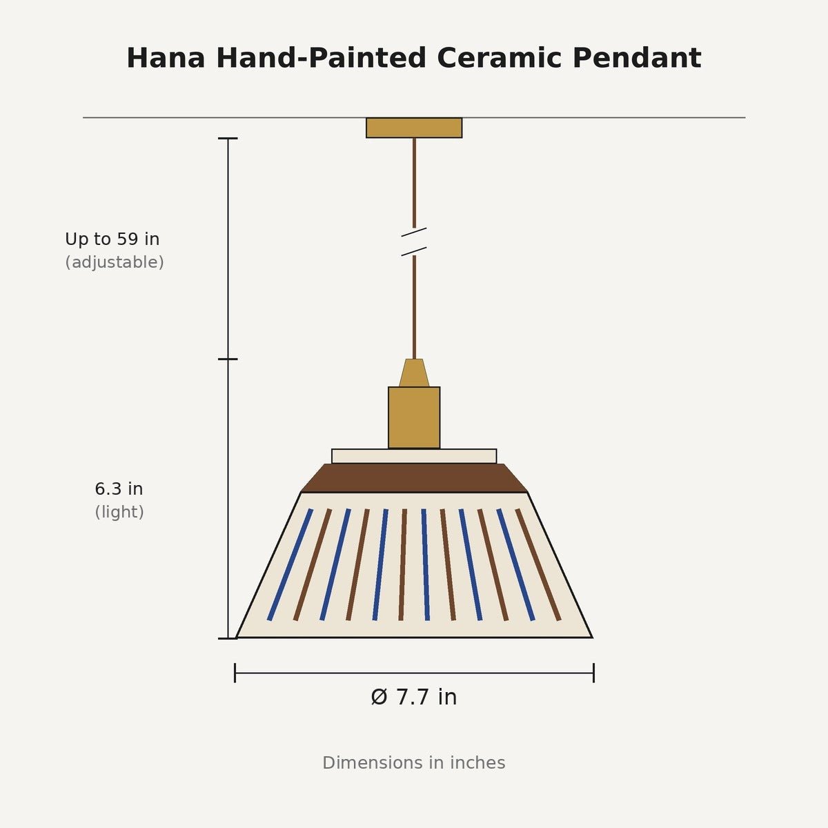 Hana ceramic pendant light dimensions in inches: 7.7 in wide, 6.3 in high, cord up to 59 in