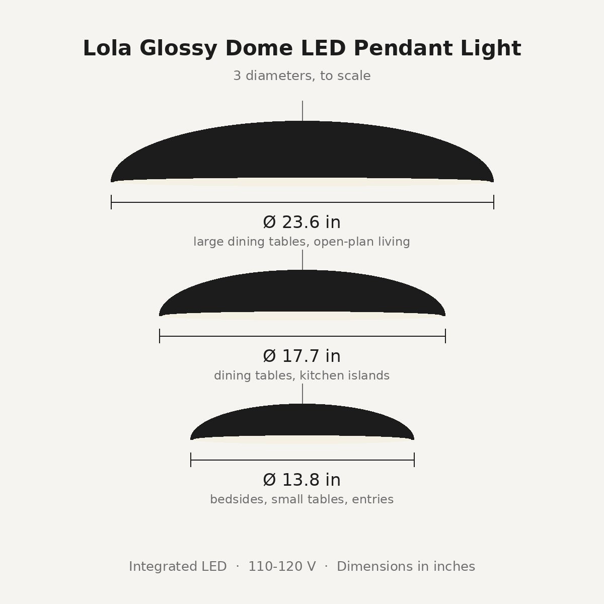 Lola pendant light dimensions in inches: 13.8, 17.7 or 23.6 in diameter