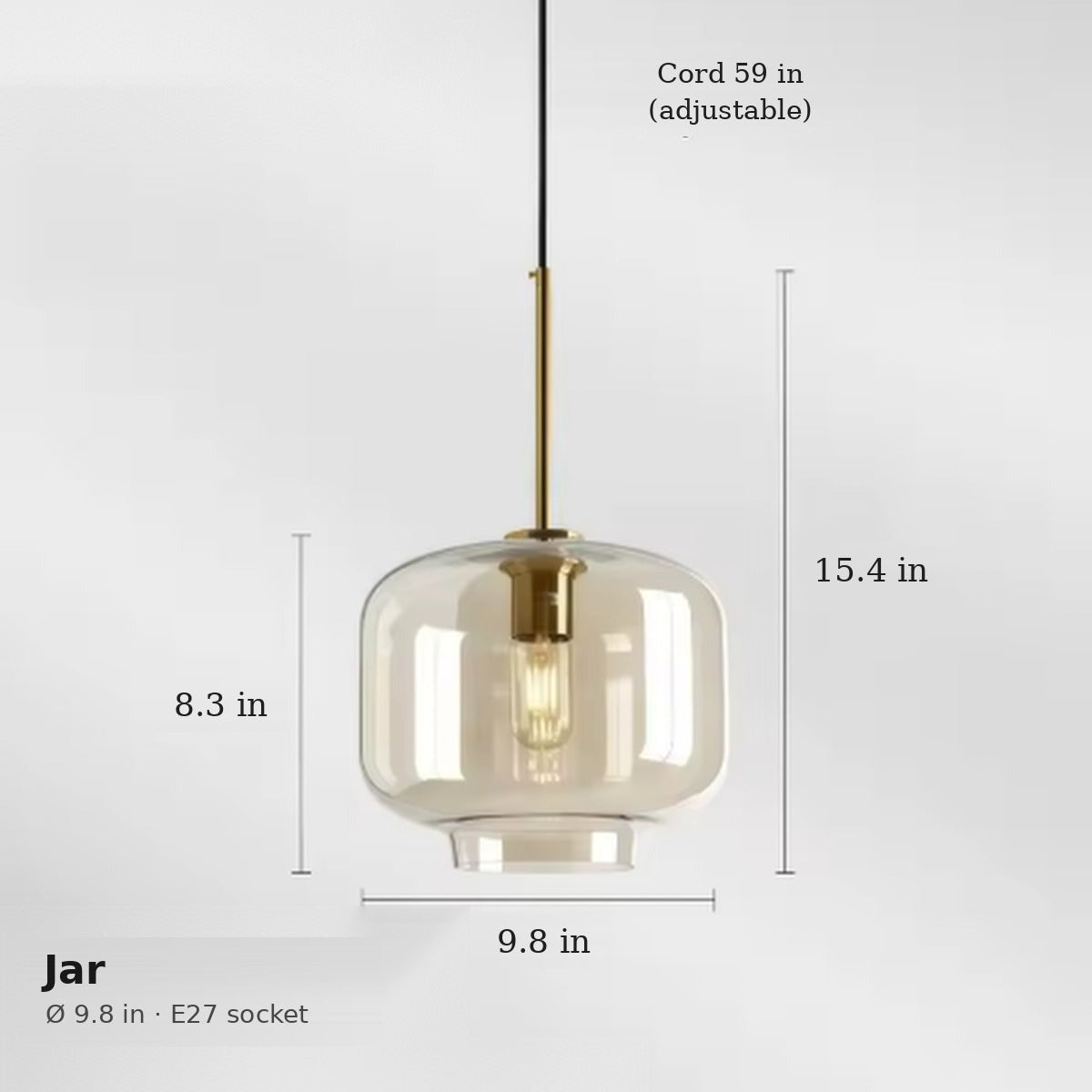 Ambra jar pendant dimensions in inches: 9.8 in wide, 8.3 in glass height, 15.4 in overall
