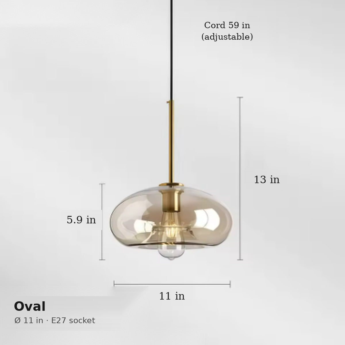 Ambra oval pendant dimensions in inches: 11 in wide, 5.9 in glass height, 13 in overall
