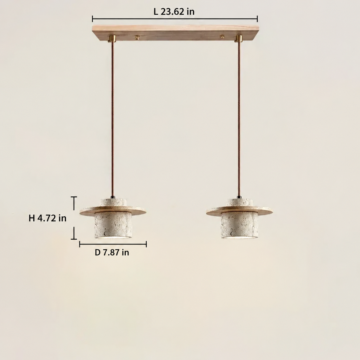 Avra natural wood travertine pendant light, 2-light configuration, with dimensions in inches