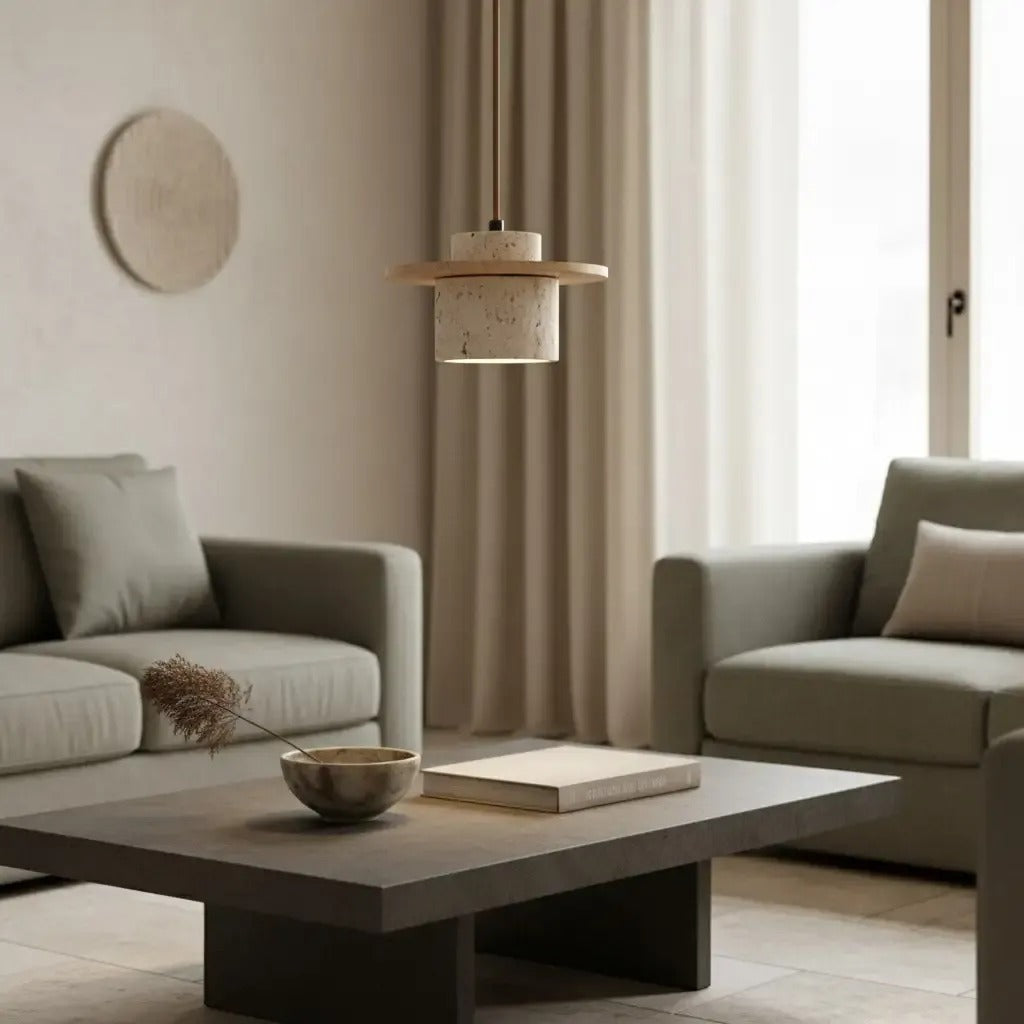 Avra travertine and natural wood pendant light above a coffee table in a living room