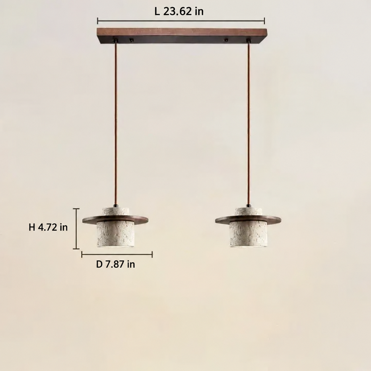 Avra walnut finish travertine pendant light, 2-light configuration, with dimensions in inches