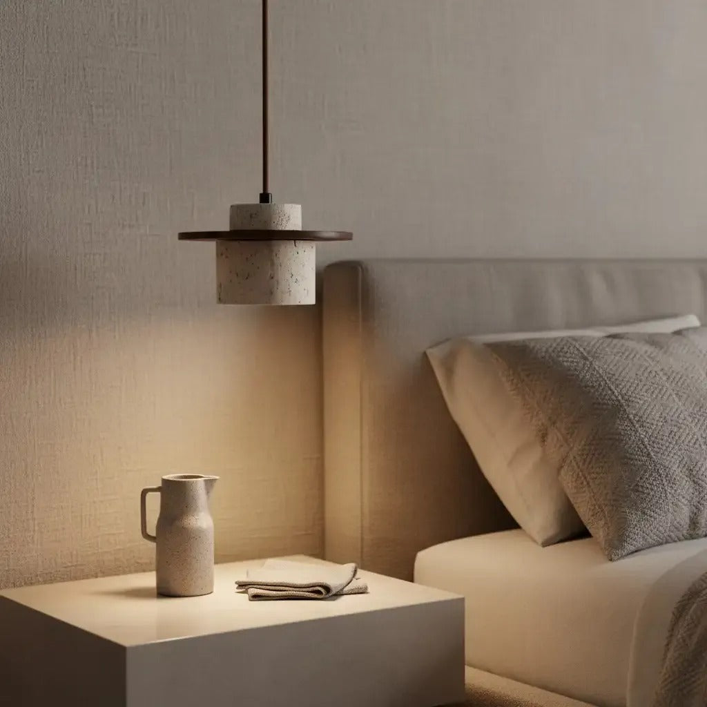 Avra travertine and walnut pendant light used as a bedside light