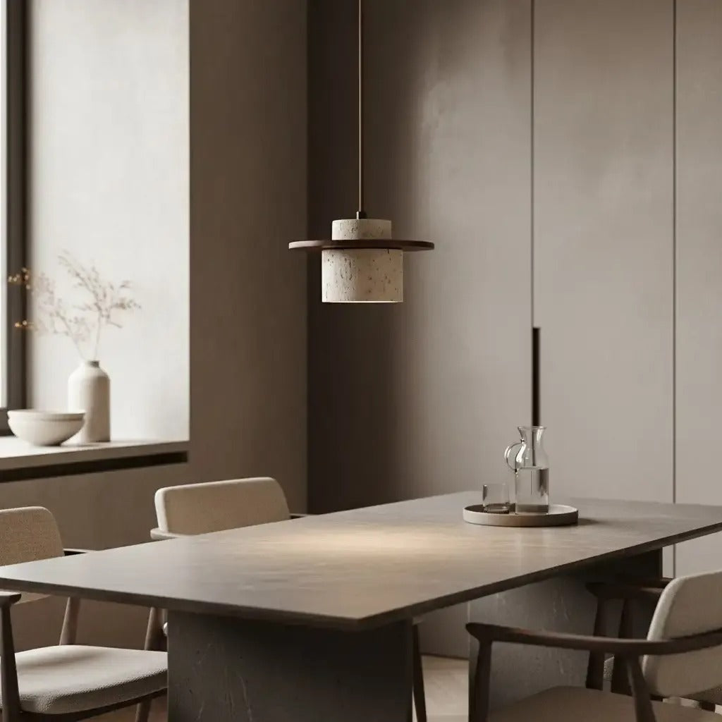 Avra travertine and walnut pendant light above a stone dining table