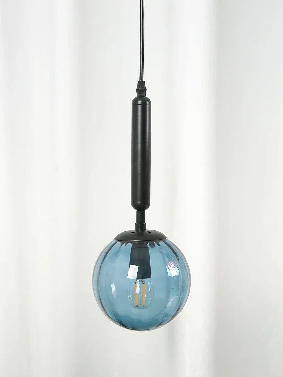 Coco glass globe pendant light, black stem with blue ribbed glass