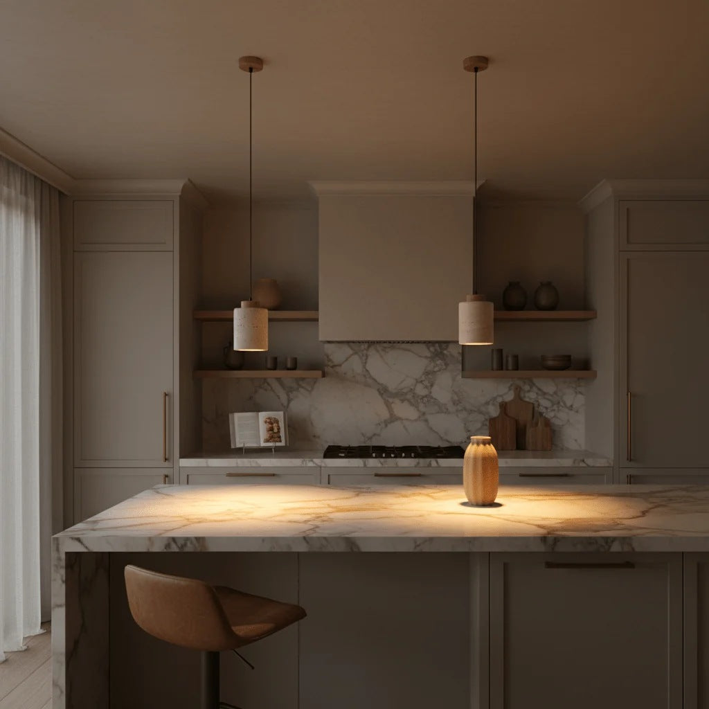 Cora travertine cylinder pendant lights above a kitchen island