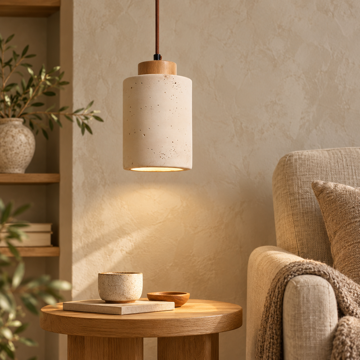 Cora travertine cylinder pendant light with a light wood cap in a reading nook