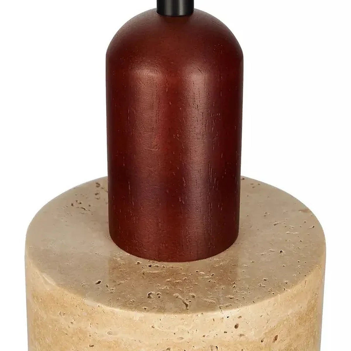 Detail of the solid walnut neck on the Cora travertine pendant light