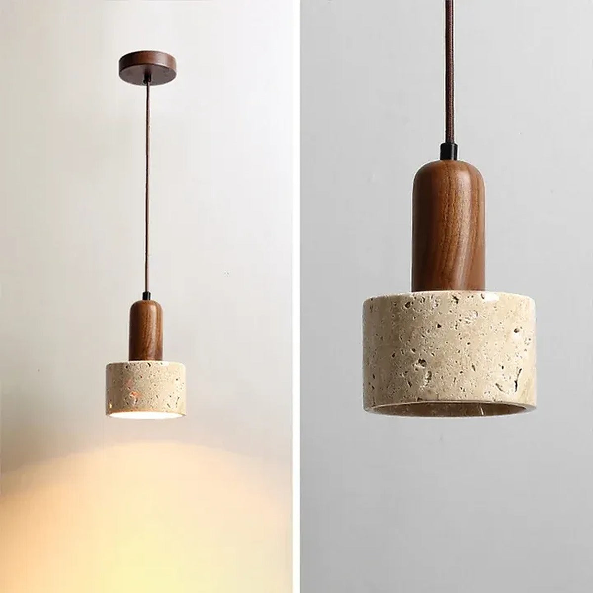 Cora travertine pendant light with walnut neck shown lit and unlit