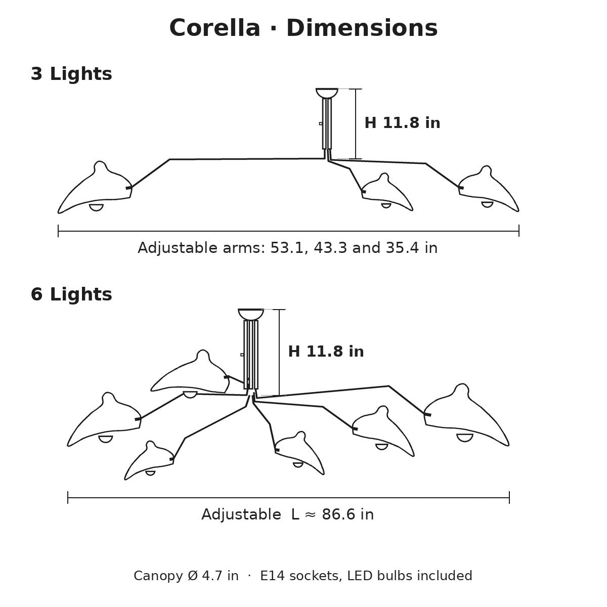 Corella spider ceiling light dimensions in inches, 3 and 6 lights