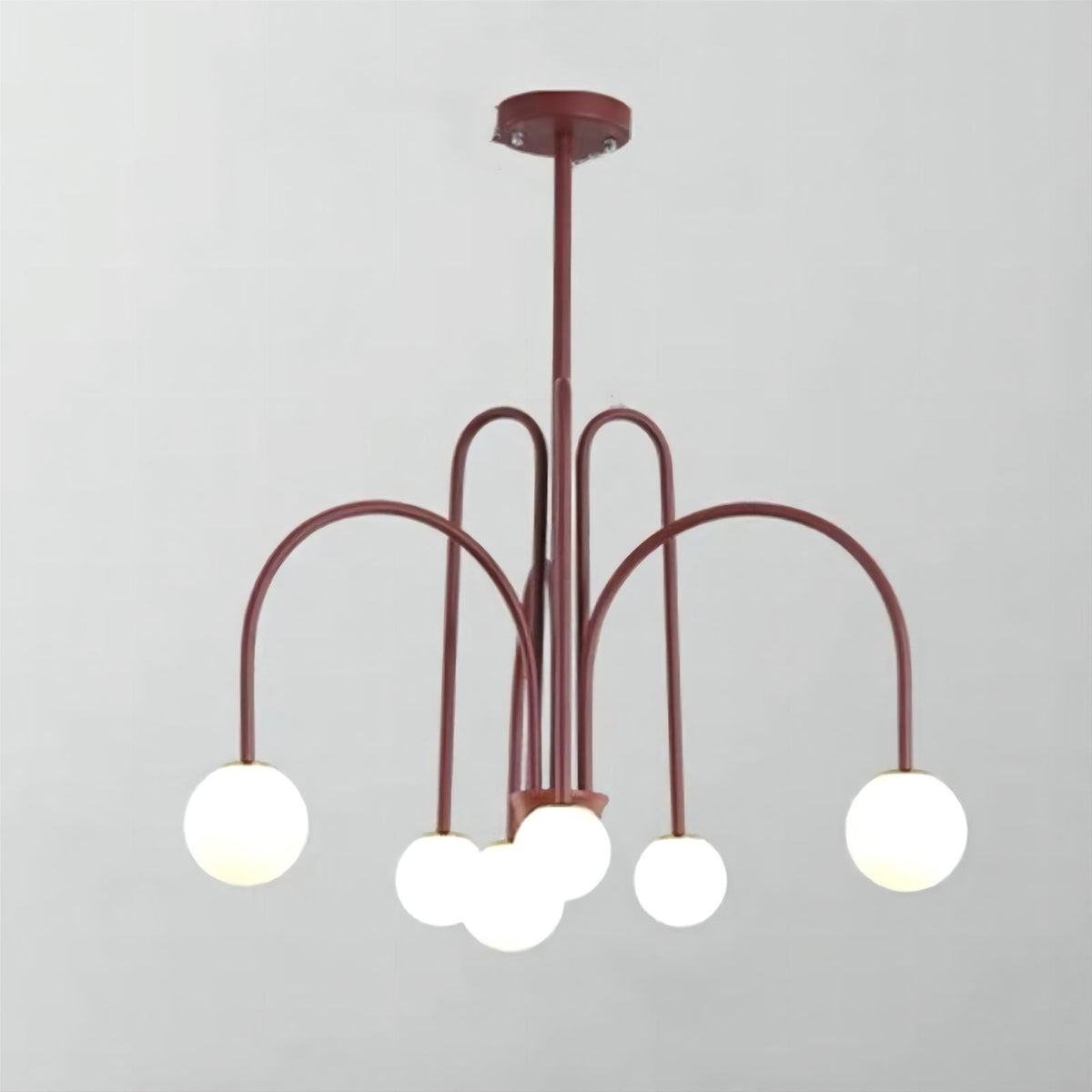 Elara arched globe chandelier in red with white glass globes