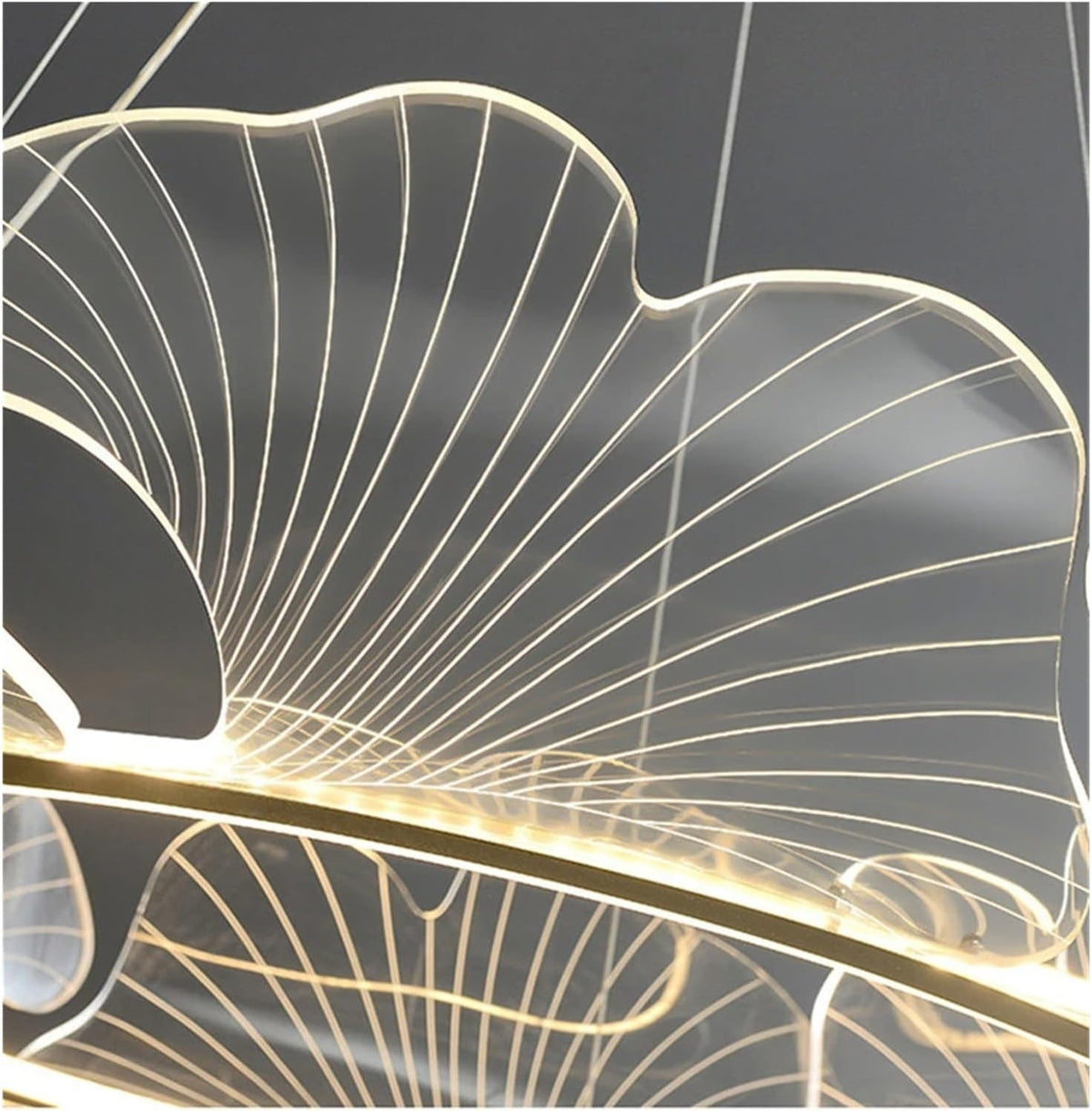 Etched veins on an Elara acrylic ginkgo leaf above the LED ring