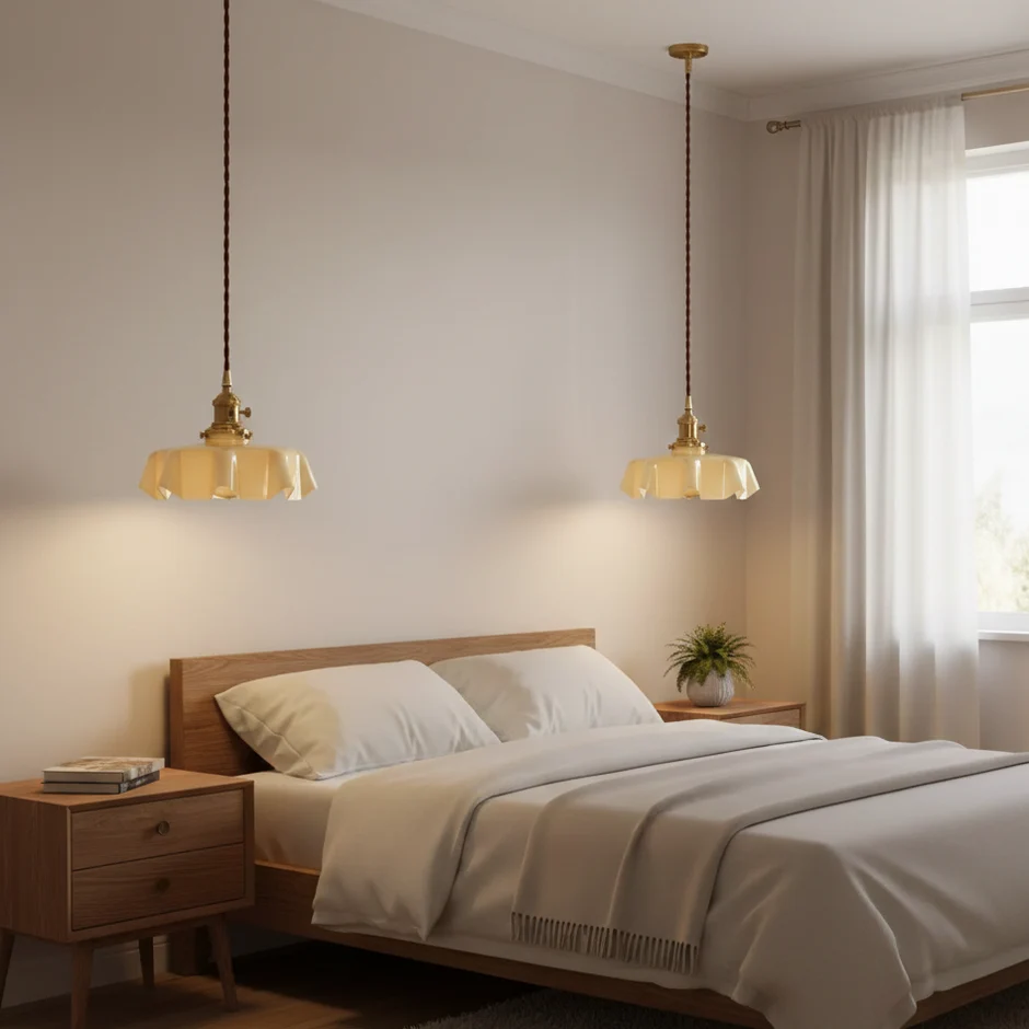 Cream scalloped glass pendant lights beside a wooden bed
