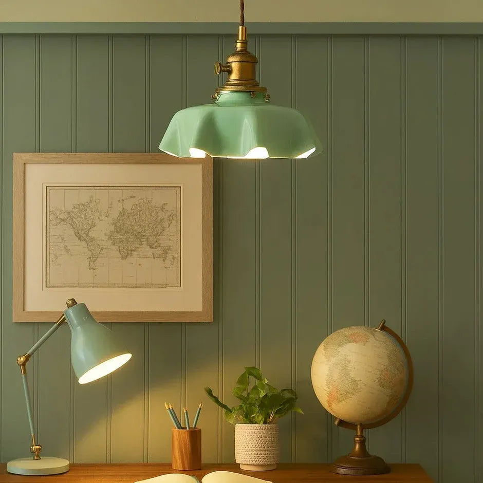 Green glass pendant in a home office