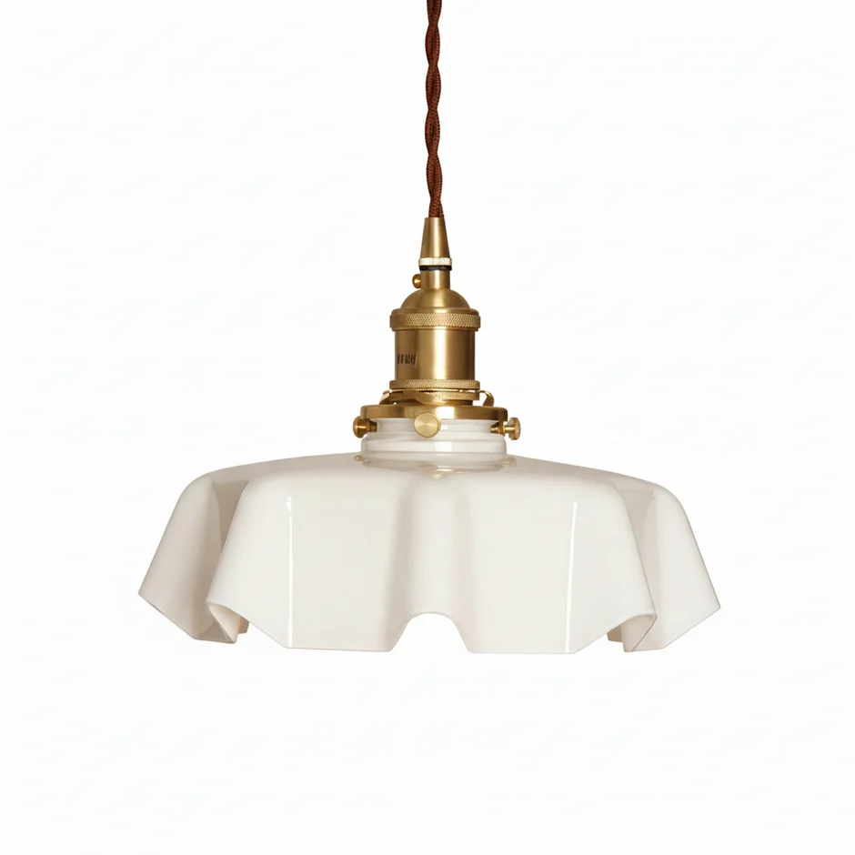 White scalloped glass pendant light with brass-finish socket