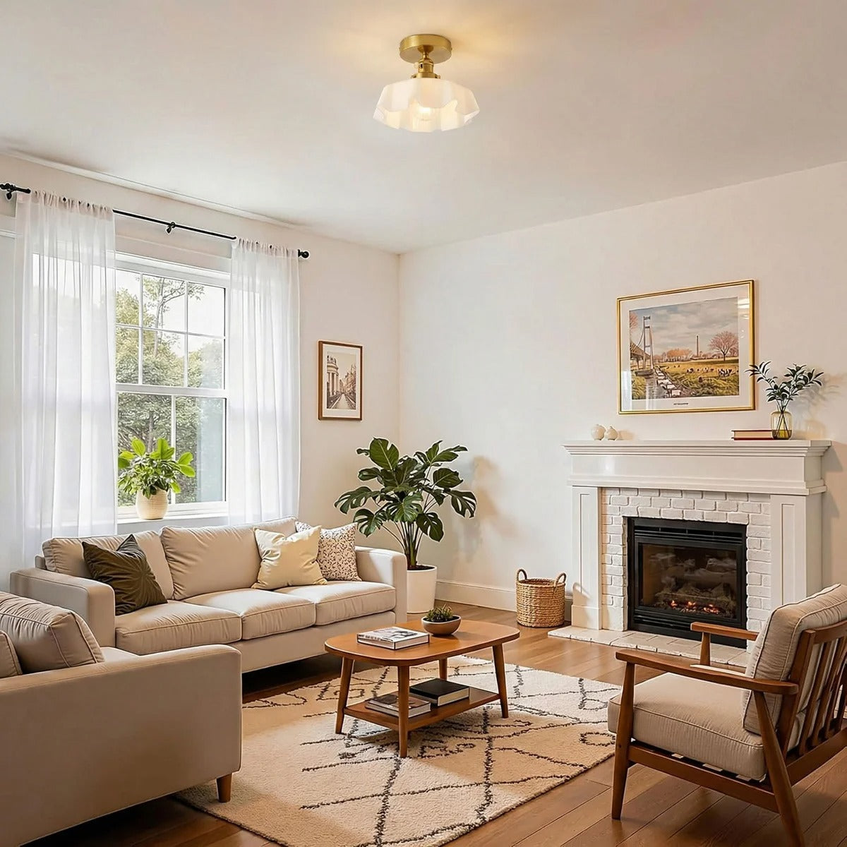 Fleur scalloped glass semi-flush ceiling light in a bright living room