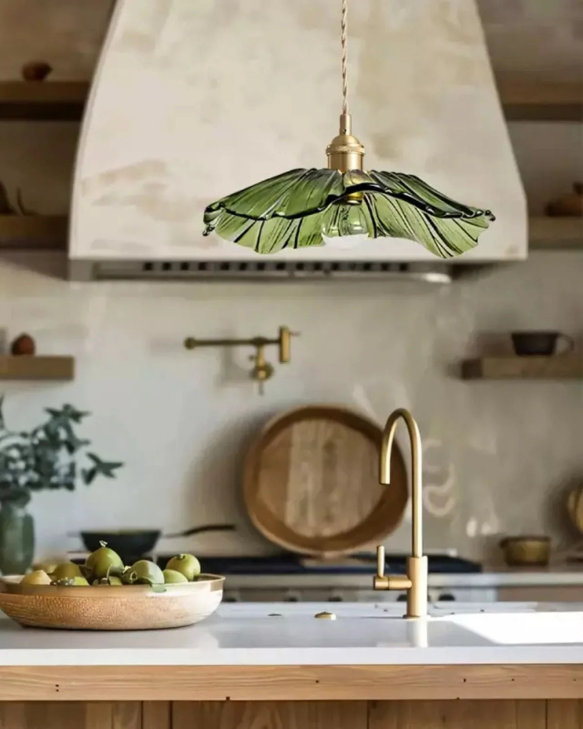 Flora green flower glass pendant above a kitchen island