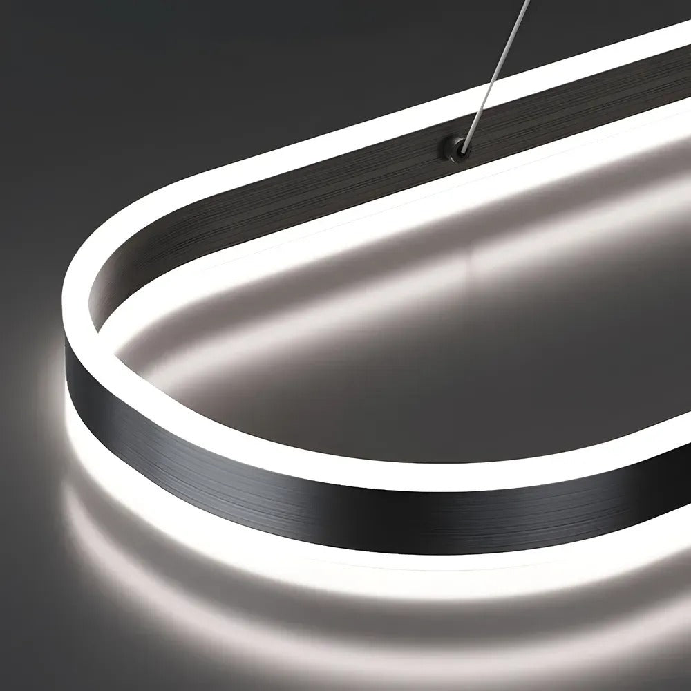 Close-up of the Halo oval LED pendant brushed metal frame and acrylic diffuser
