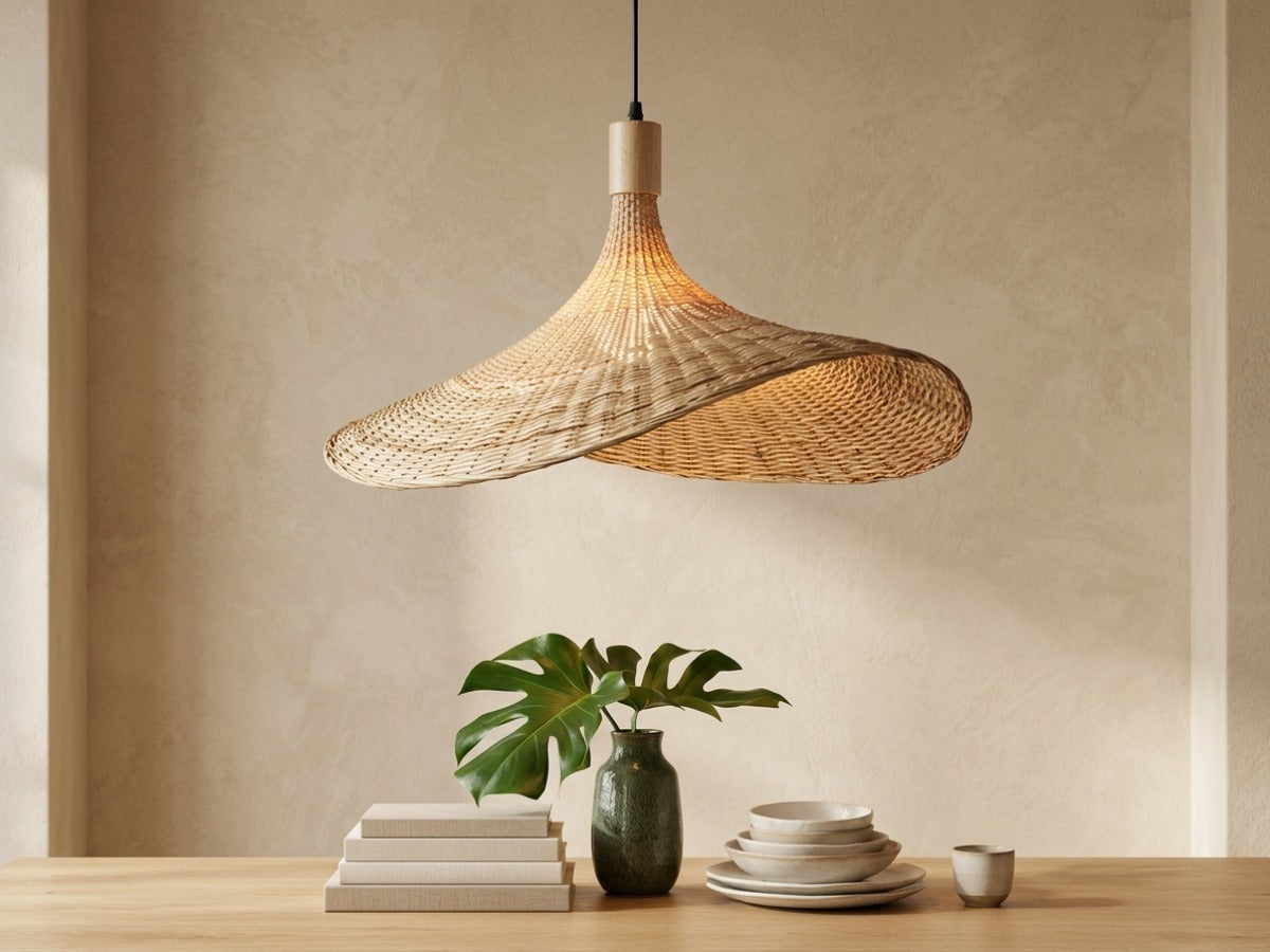Kasa bamboo hat pendant light above a wood dining table against a beige wall