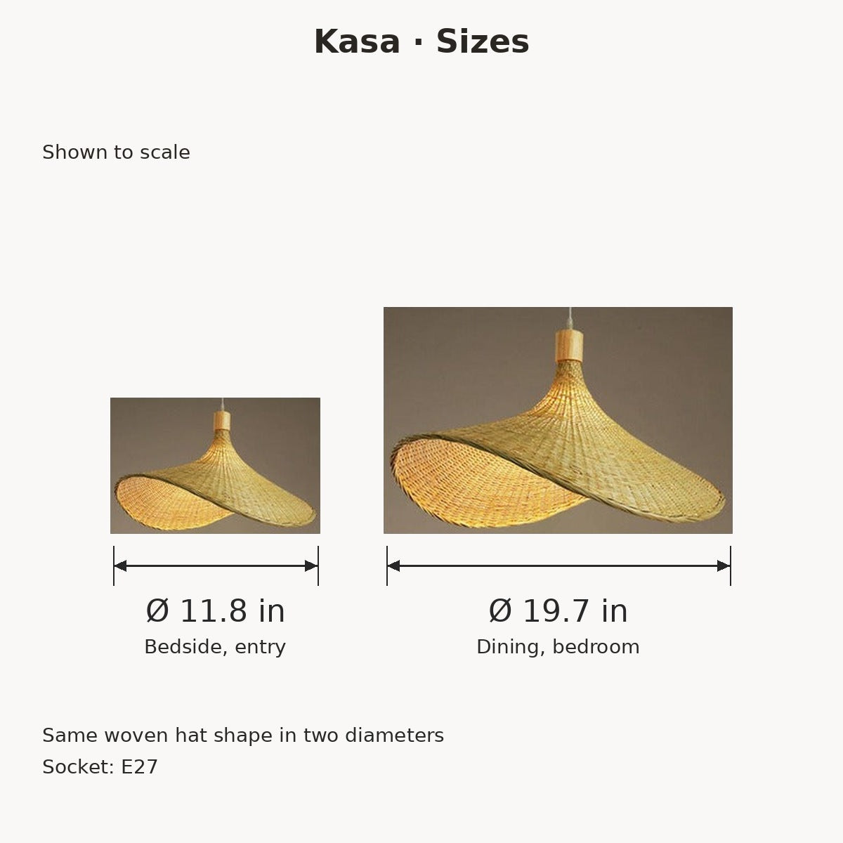 Kasa bamboo hat pendant sizes shown to scale: 11.8 in and 19.7 in diameter