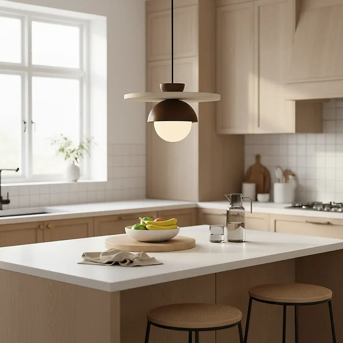Luna travertine disc pendant light above a kitchen island