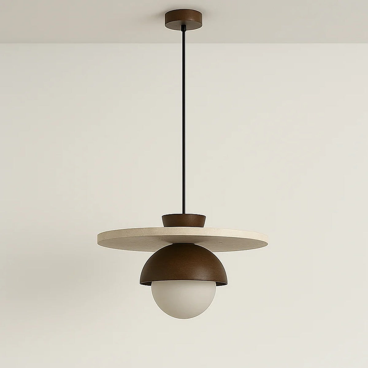 Luna pendant light with a natural travertine disc, walnut-tone wood dome and opal glass globe