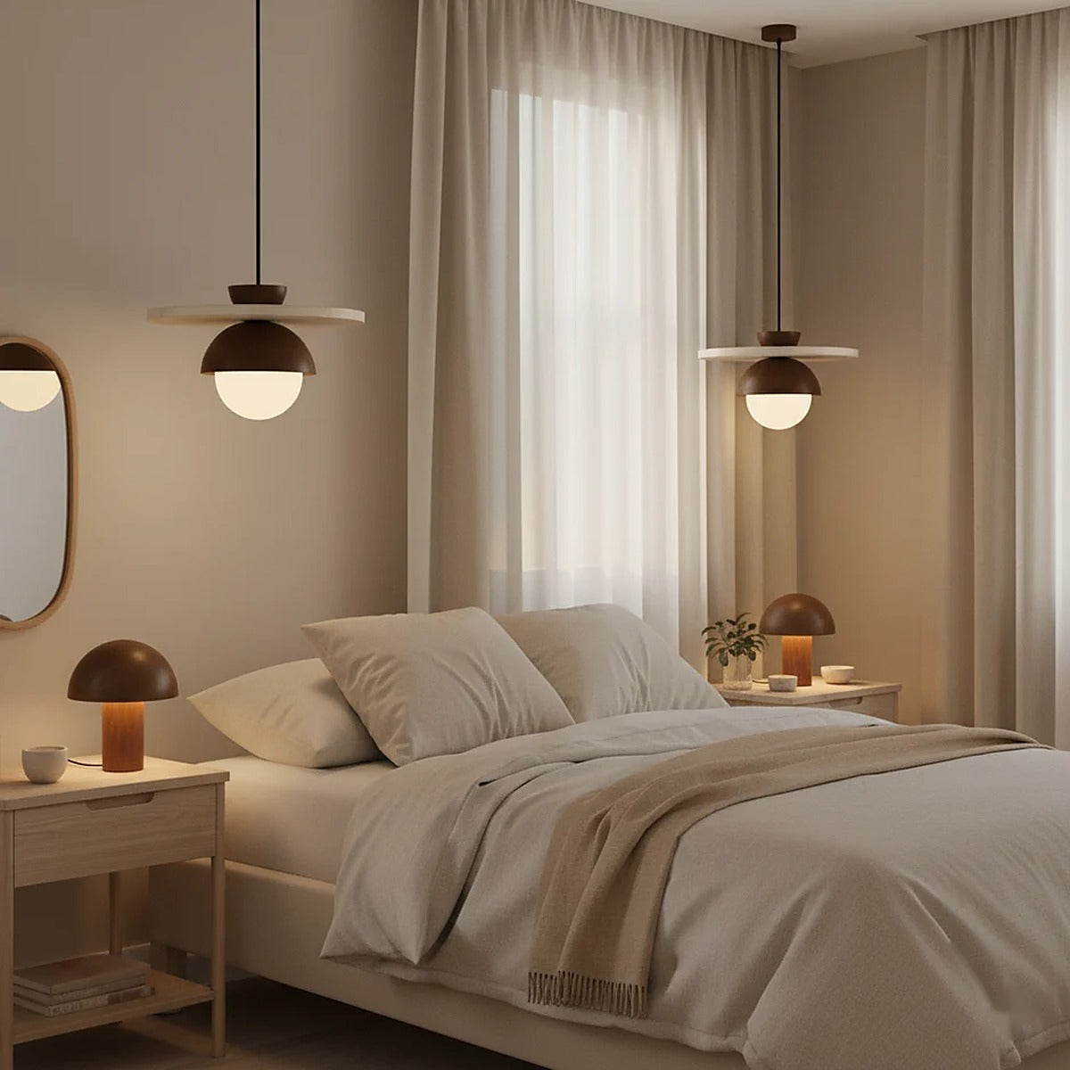 Pair of Luna travertine disc pendant lights on each side of a bed