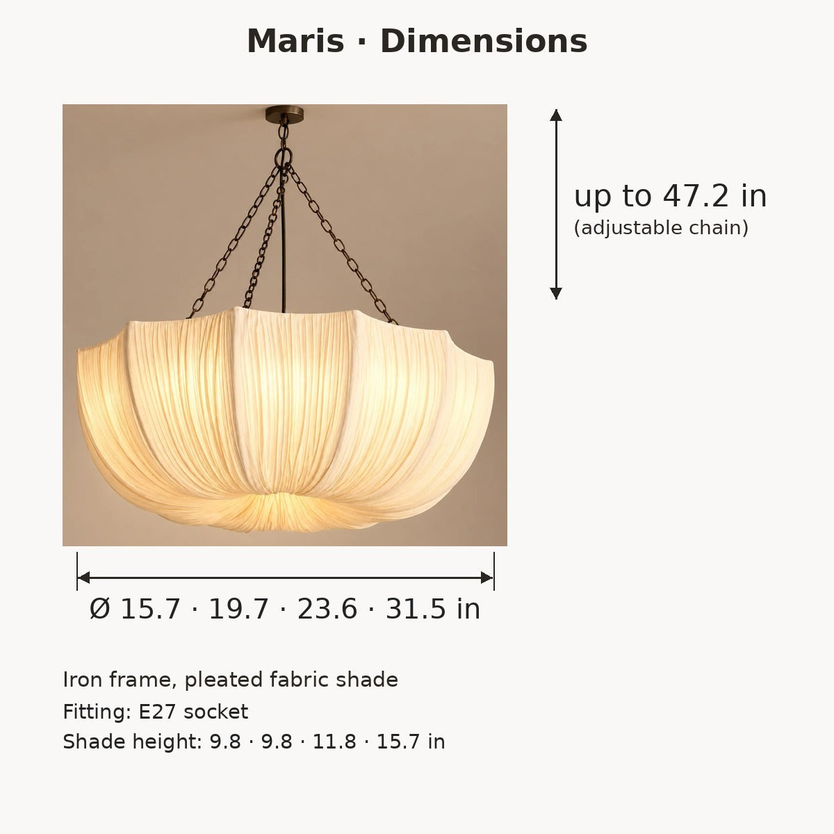 Maris pleated fabric chandelier dimensions in inches: 15.7 to 31.5 in diameter, chain up to 47.2 in
