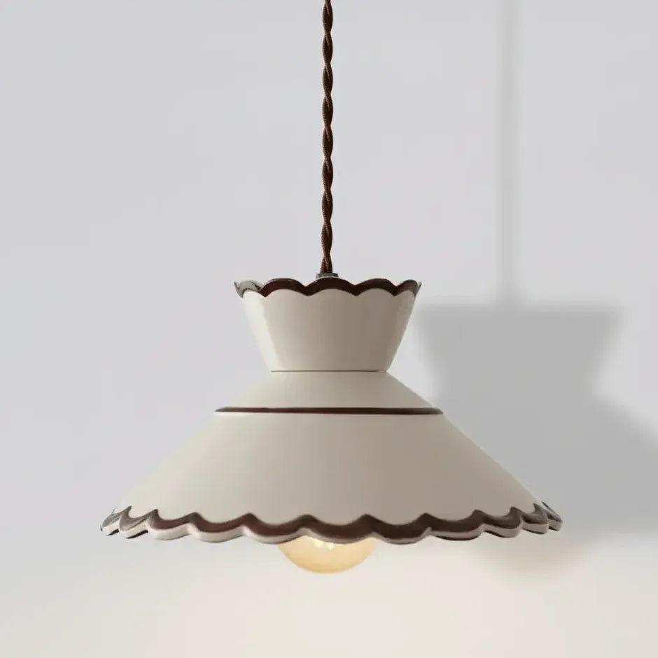 Mira pendant light with a cream scalloped ceramic shade and brown painted trim