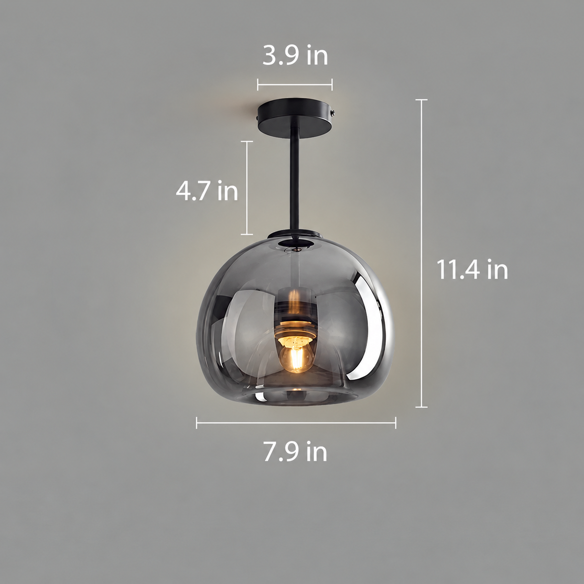 Oren smoke glass ceiling light dimensions: 7.9-inch diameter, 11.4-inch height and 3.9-inch canopy