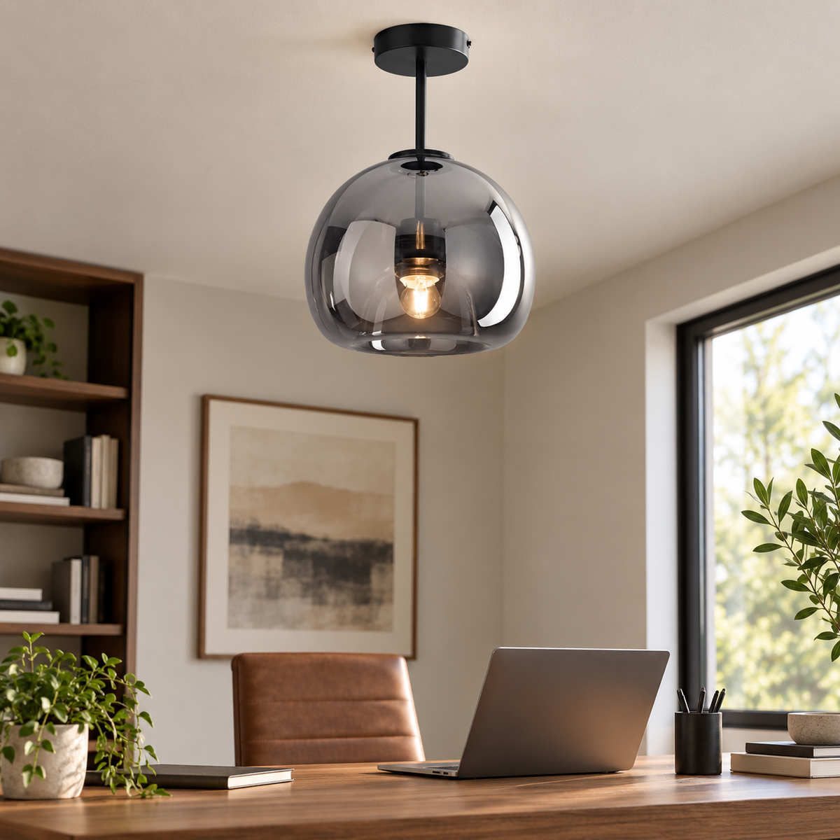 Oren black and smoke-gray glass ceiling light in a modern home office with a walnut desk