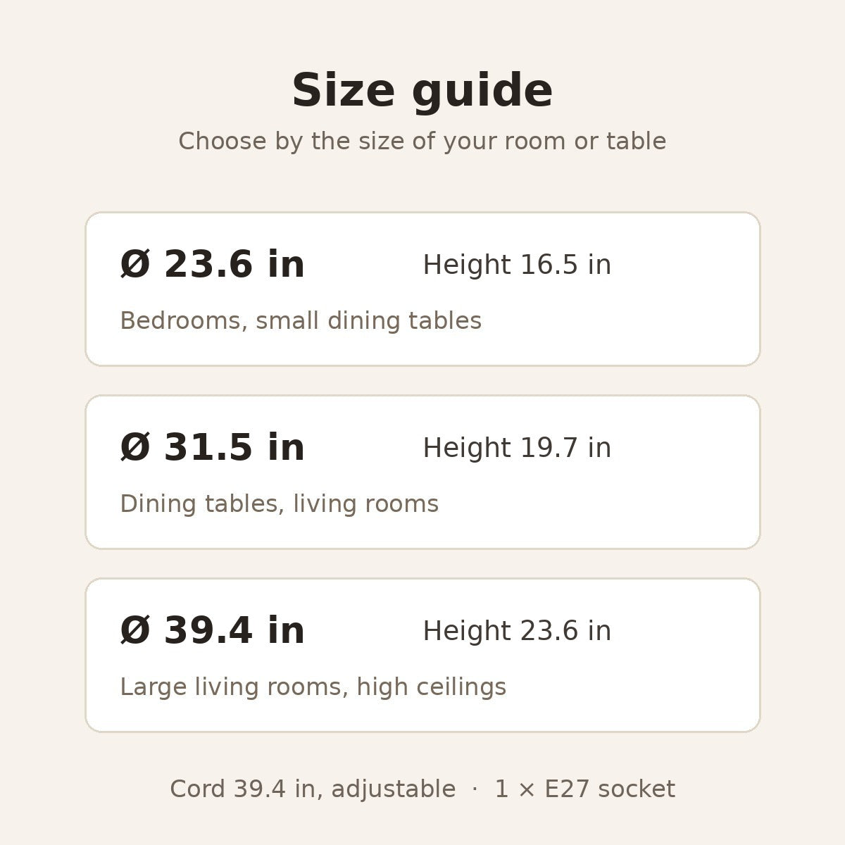 Palma size guide: 23.6 in for bedrooms, 31.5 in for dining tables, 39.4 in for large rooms