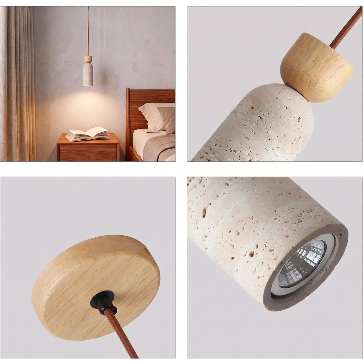 Pia mini pendant details: wood cap, solid wood canopy and GU10 bulb inside the travertine shade
