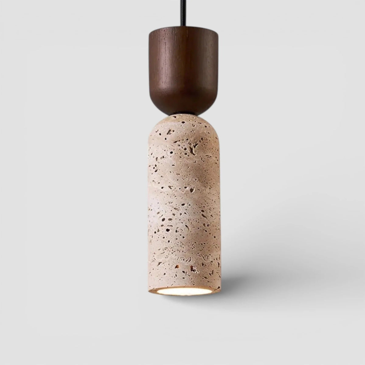 Pia natural travertine mini pendant light with a walnut wood cap