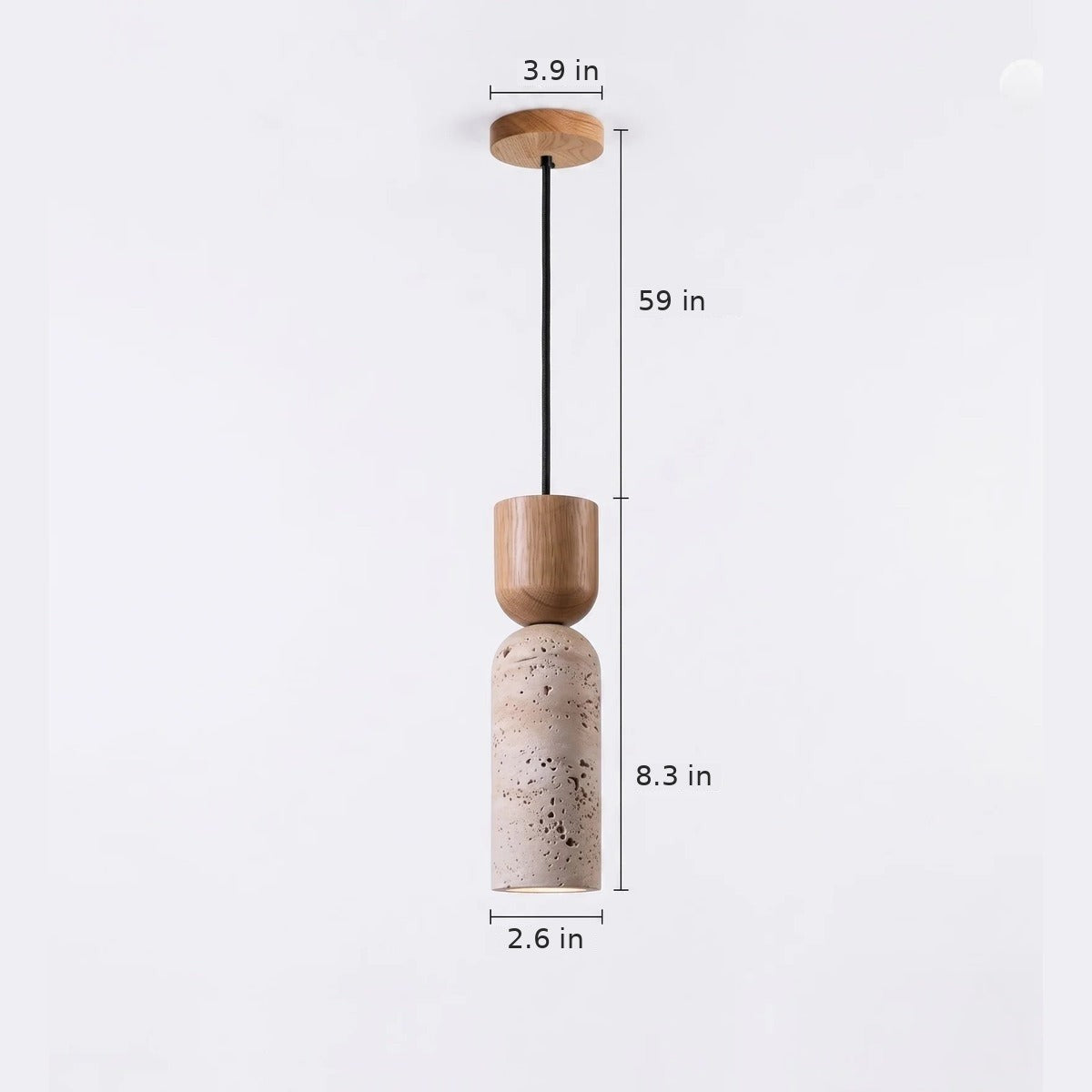 Pia mini pendant dimensions in inches: 8.3 in high, 2.6 in diameter, 3.9 in canopy, 59 in cord